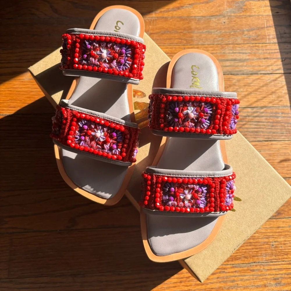 NIB Anthropologie Coral Blue Beaded Granny Sandals sz 37/6, 6.5 Red Purple Slide